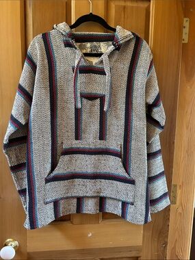 Original Senor Lopez Striped Cream Baja-StyleHoodie with Black & Blue Accents